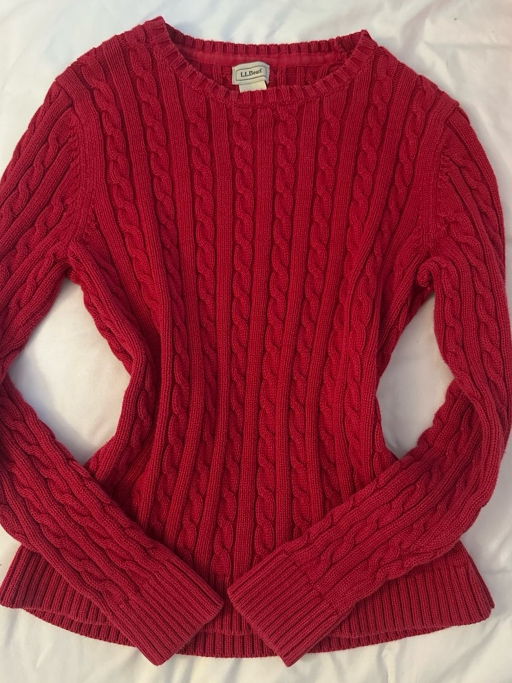 L.L. Bean Women's Bright Red Cable Crewneck Sweater